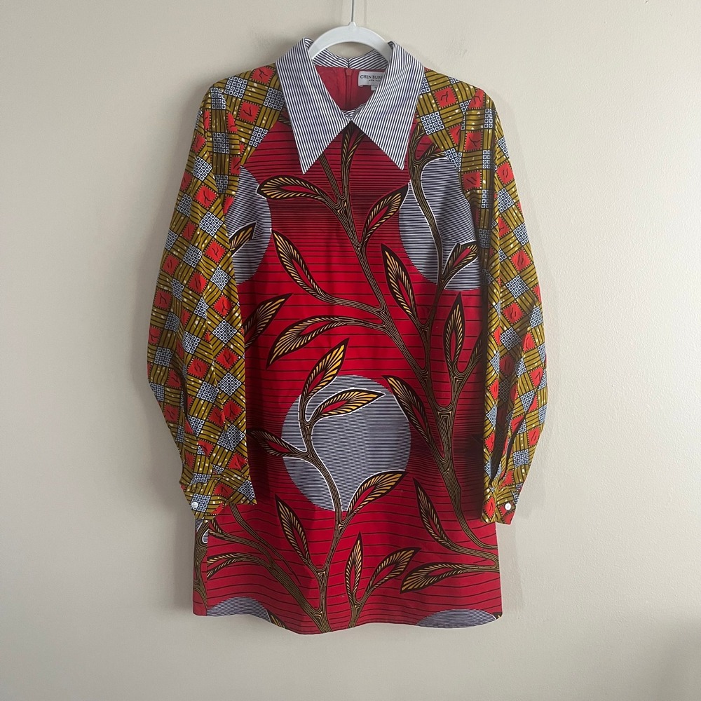 Chen Burkett New York Ankara Mini Dress S African Wax Print Pockets Red Gold